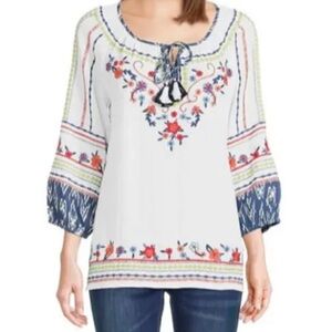 John Mark White Floral Embroidered Boho Tunic Top Art to Wear